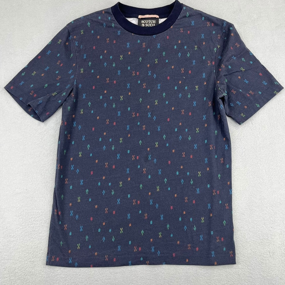 Scotch & Soda Mens Navy Blue Geometric Ikat Print Crew Neck T-Shirt Size S